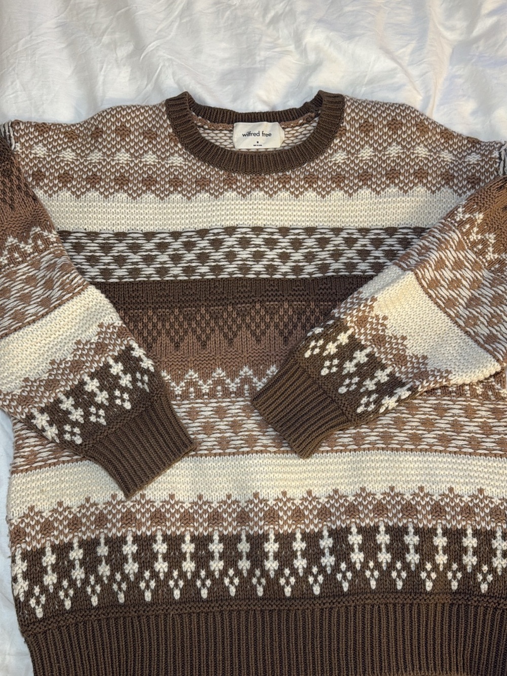 Aritzia Wilfred Brown & Cream Fair Isle Crewneck Sweater